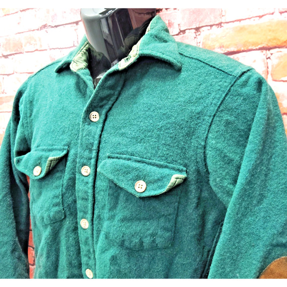Woolrich Button Up Shirt Men's Green Wool Long Sleeve Elbow PSmalatches Collared - Picture 9 of 15